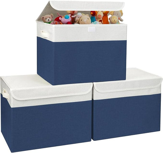 Large 17" 42 Quarts Collapsible Stackable Storage Bins with Lids [3-Pack] Foldable Fabric Linen Storage Boxes Cube, Closet Organizer Baskets with Label for Home (16.7 x 12 x 12", Navy Blue & White)-DeskLoop Office