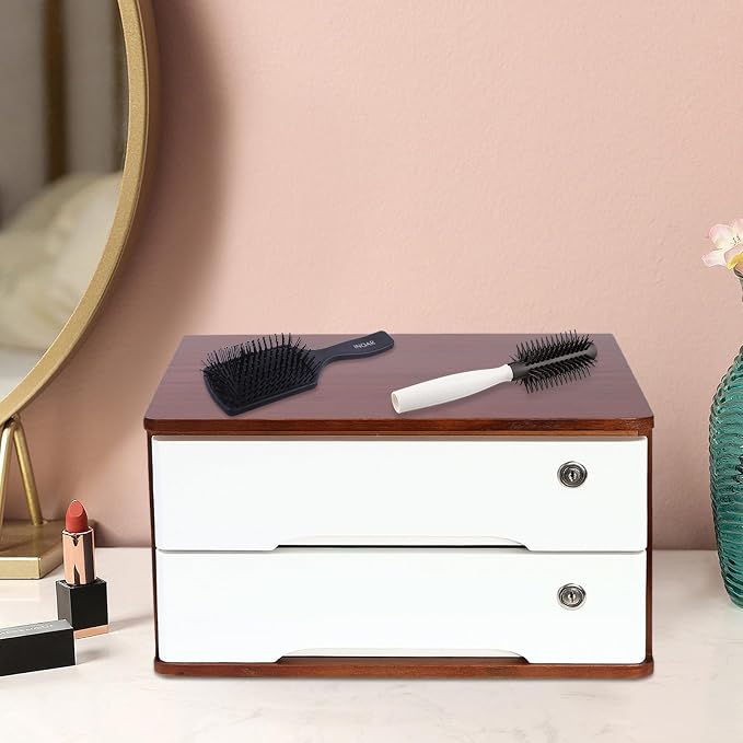 Lockable Desk Organizer Wooden Desktop Drawers Office Flat Files Storage Box - Image 2