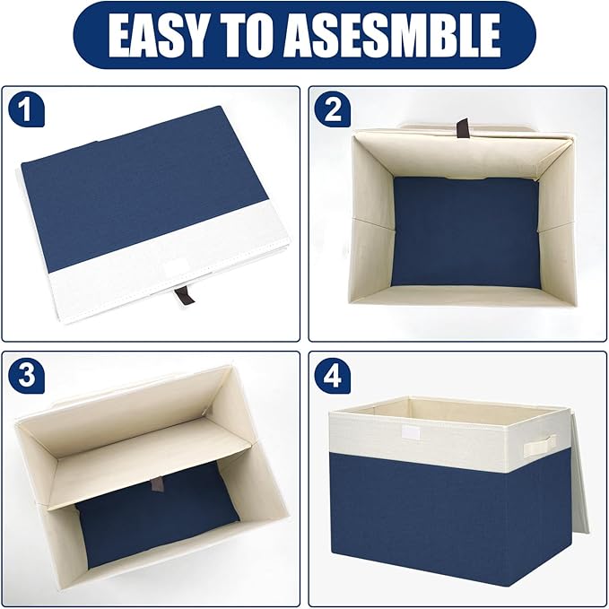 Large 17" 42 Quarts Collapsible Stackable Storage Bins with Lids [3-Pack] Foldable Fabric Linen Storage Boxes Cube, Closet Organizer Baskets with Label for Home (16.7 x 12 x 12", Navy Blue & White)-DeskLoop Office