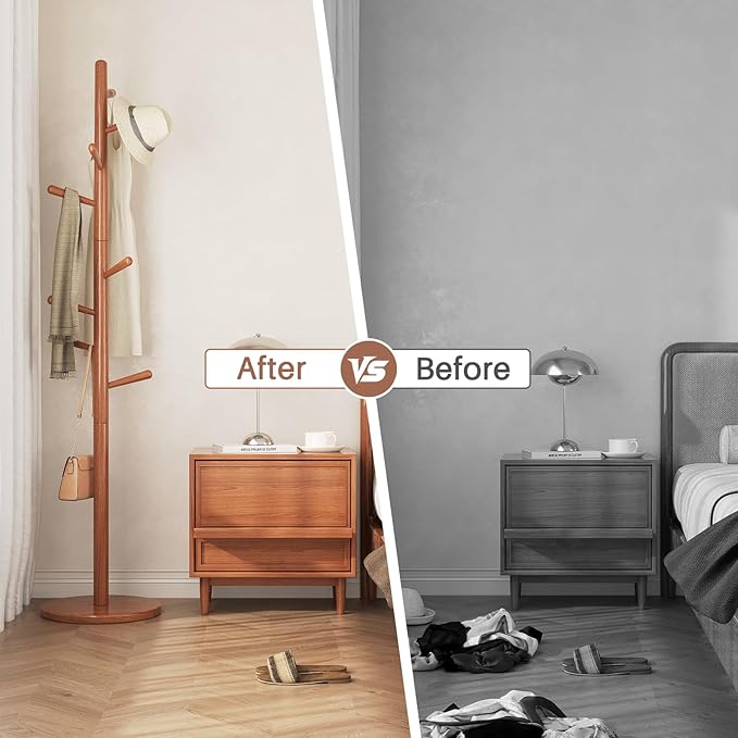 Uniclinens Coat Rack Freestanding Solid Wood Coat Tree Standing with 8 Hooks, Coat Rack Stand Creative Tree Branch-Look (Teak)-DeskLoop Office