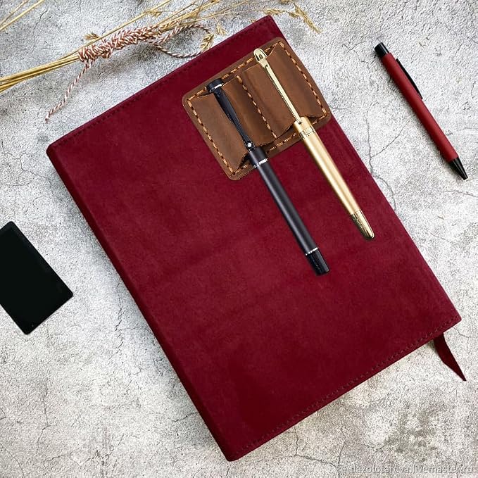 CRASPIRE Handmade Leather Pen Holder Clip Brown Notebook Double Slots Pens Loop - Image 6