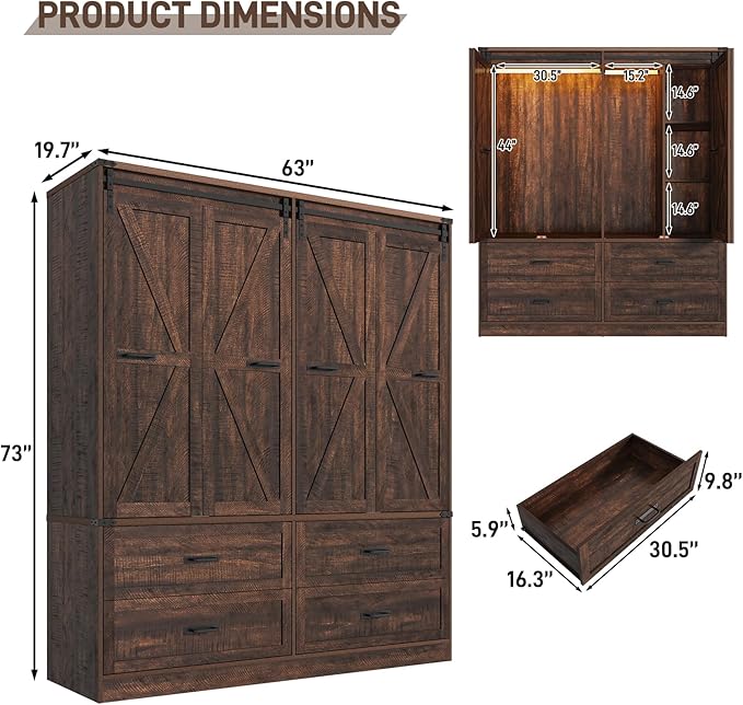 Farmhouse 4 Doors Armoire Wardrobe Closet w/Folding Sliding Barn Door and Lights, LED Armoire Closet w/Drawers for Bedroom, Freestanding Wooden Wardrobe Storage Closets w/Hanging Rod,Rustic Brown-DeskLoop Office