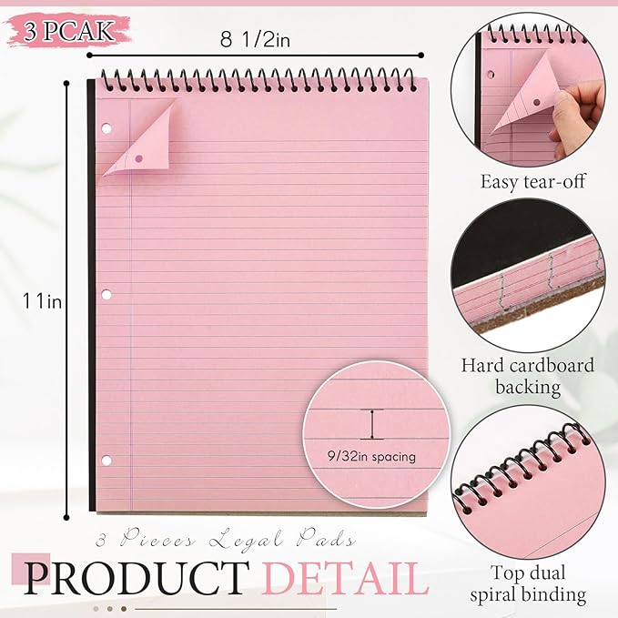 3 Packs 8.5" x 11" Top Spiral Notebook with 3 Hole Punched Legal Pads College Ruled Notepad 50 Sheets Hard Cardboard Paper Wirebound Notepad for Office School Business (Pink)-DeskLoop Office