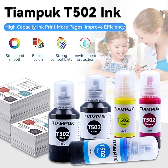 5 Pack T502 502 Ink Refill for Ecotank ET-4850 ET-4760 ET2750 ET-3760 ST-4000 ET-15000 ET-2850 ST-2000 ET-3710 ET-3850 ET-3750 ET-3830 ET4750 ET3700 ST3000 ET2700 ET2760 Printer-DeskLoop Office
