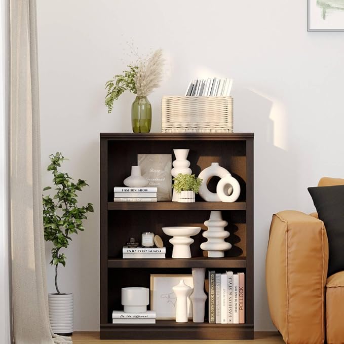 blini 3-Shelf Bookcase Wooden Bookshelves Dark Cherry 33in Wide Floor Standing - Image 6