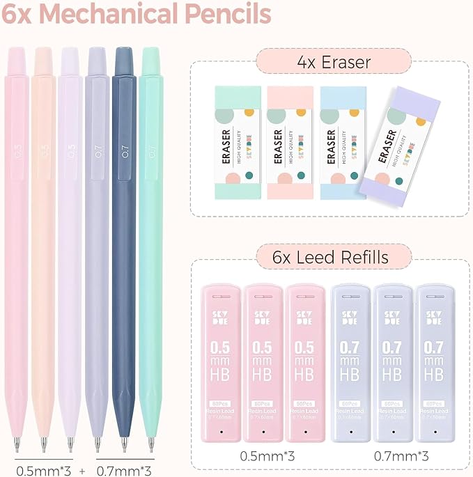 SKYDUE Cute Mechanical Pencils Set, 0.5mm & 0.7mm Mechanical Pencils, Pastel - Image 2