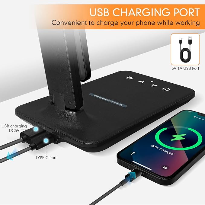 White crown LED Desk Lamp with 15W Wireless Charger & USB Port, Dimmable Table - Image 6