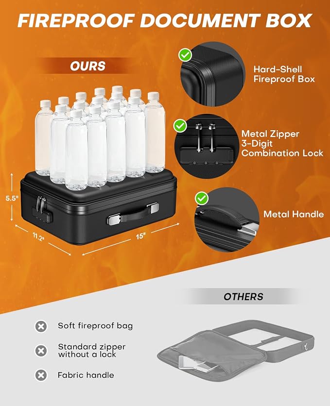 Fireproof Document Box with Lock, Hard Case Safe Box Water Resistant Document - Image 4