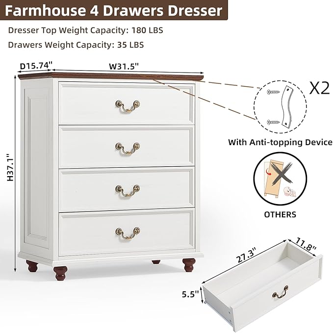 Farmhouse 4 Drawer Dresser Set of 2 for Bedroom, 37" Tall Rustic Chests of Drawers w/ 4 Solid Wood Feet, Mid Century Vintage Wooden Closet Storage Dressers Organizer for Living Room, White-DeskLoop Office