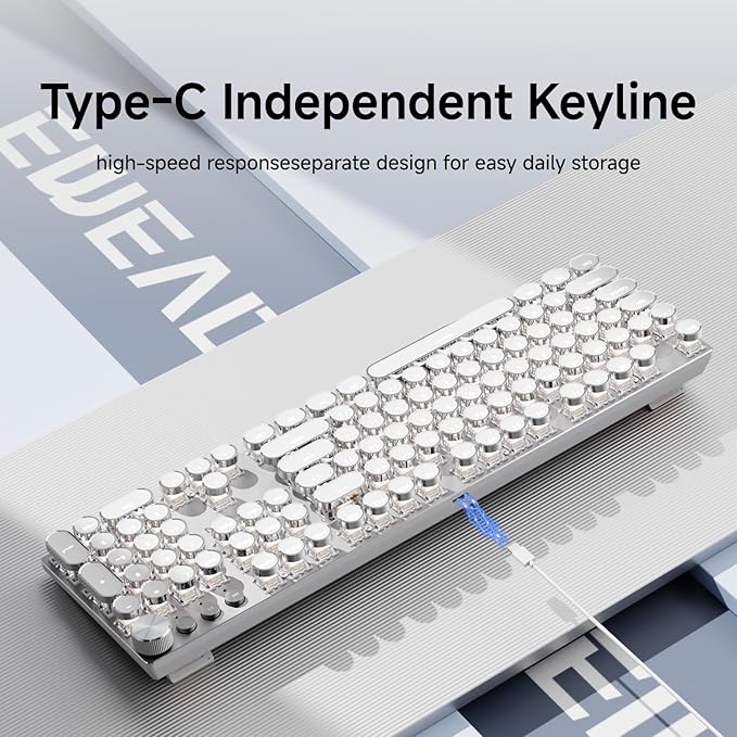 EWEADN Typewriter Style Mechanical Gaming Keyboard, Wired Mechanical Keyboards,104 Keys Backlit LED Keyboards, Media Control Knob, Wired Computer Keyboard Pink Switch for Windows/Mac/PC-White-DeskLoop Office
