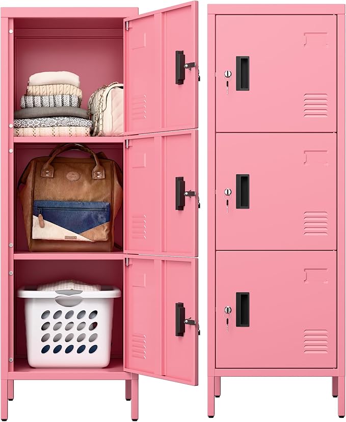 Aobabo 16" W 3 Door Metal Storage Locker with Lock, 47" H Steel Locker with Name Card Holder and Metal Leg for School, Home, Office, Playroom, Assembly Required, Pink-DeskLoop Office