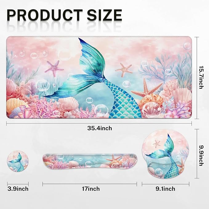 Britimes Pink Cute Deep Sea Mermaid Keyboard Mouse Pad Set 4in1 Large - Image 2