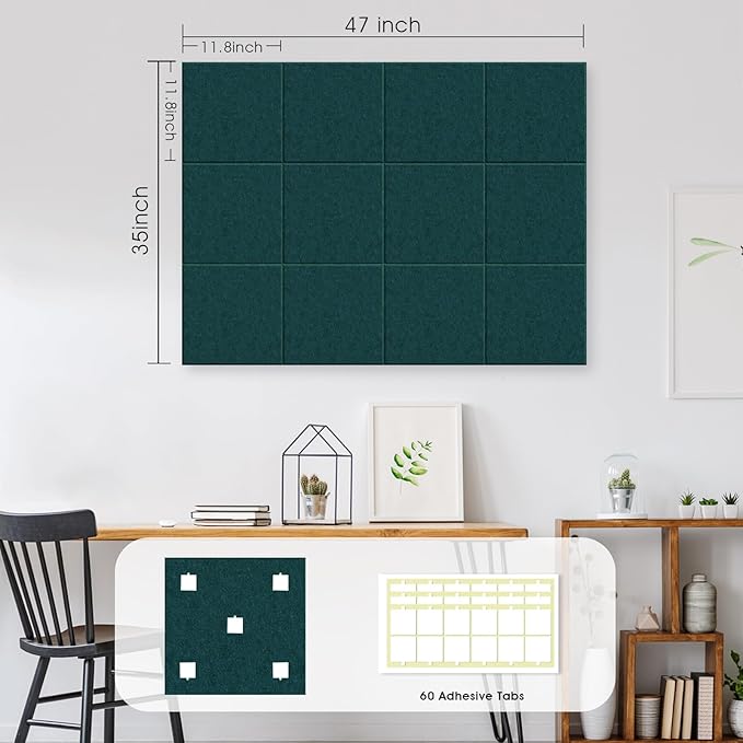 Large Cork Board for Office Wall Decor,48"x36"-12 Pack Felt Wall Tiles with Safe Removable Adhesive Tabs, 1/2" Thick, Felt Bulletin Board Pin Board Cork Boards for Walls - Dark Green-DeskLoop Office