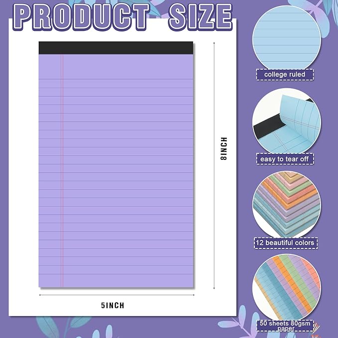 Lincia 24 Pcs 12 Pcs 5" x 8" Small Legal Pads Colored Lined Note Pads Narrow Ruled Writing Notepads 50 Sheets Per Micro Paper Notebook Lined and Perforated for College Office Supplies (Bright Colors)