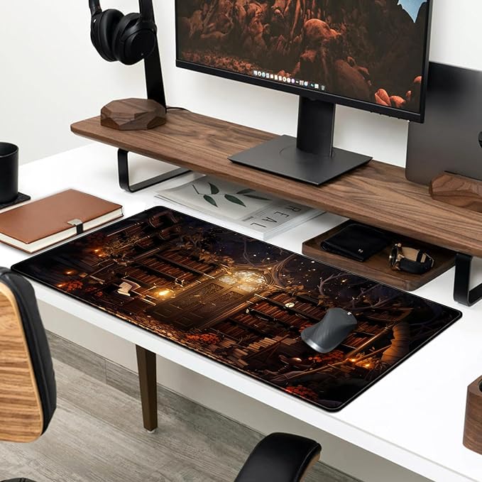 Vintage Desk Pad Magical Bookshelf Desk Mat Extra Large Big Office Mouse Pad Gaming with Stitched Edges Large Mousepad Home Office Gaming Work Computers Laptop Desk Accessories 31.5x11.8in-DeskLoop Office