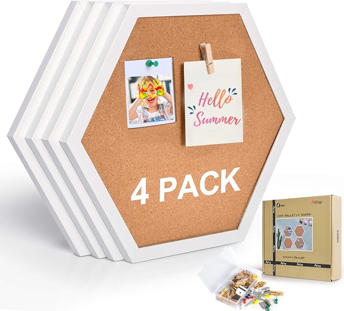 AkTop Cork Bulletin Board Hexagon 4 Pack, Small Framed Corkboard Tiles by Buynow