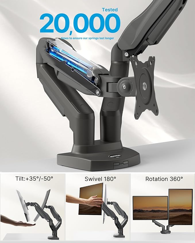 HUANUO Dual Monitor Stand - Full Adjustable Monitor Desk Mount Swivel Vesa Bracket with C Clamp, Grommet Mounting Base for 13 to 32 Inch Computer Screens - Each Arm Holds 4.4 to 19.8lbs -Grey-DeskLoop Office