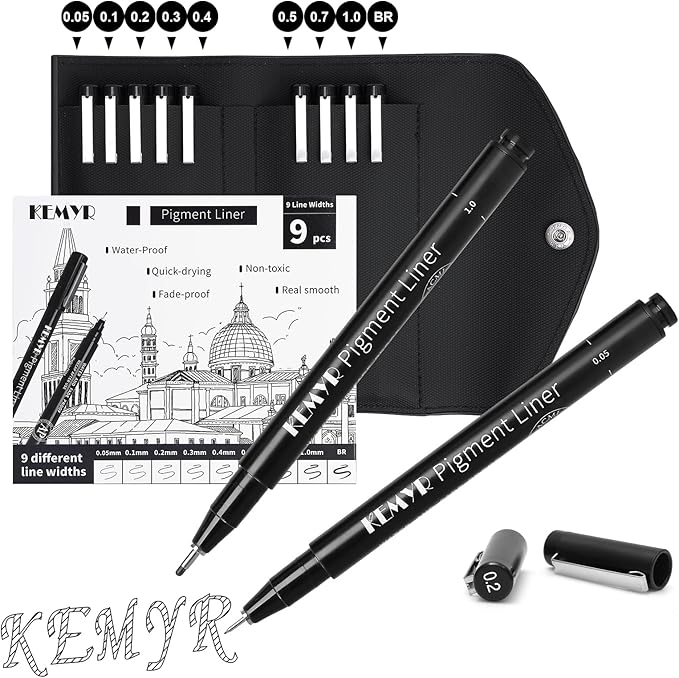 9 Micro Fine liner Drawing Art Pens Calligraphy Pens: 0.05mm-BR Size Black Art supplies Waterproof Archival Black Ink Markers For Artists,Use for Professional Watercolor,Sketching-DeskLoop Office