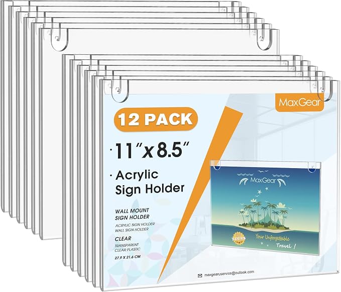 MaxGear Wall Mount Sign Holder, 8.5 x 11 Landscape, 12 Pack | Includes Adhesive by MaxGear