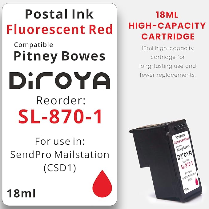 SL-870-1 Ink Cartridge 18ML High Yield Replacement for Pitney Bowes SendPro Mailstation Fluorescent Red Postage Ink (CSD1) (1 Pack)-DeskLoop Office