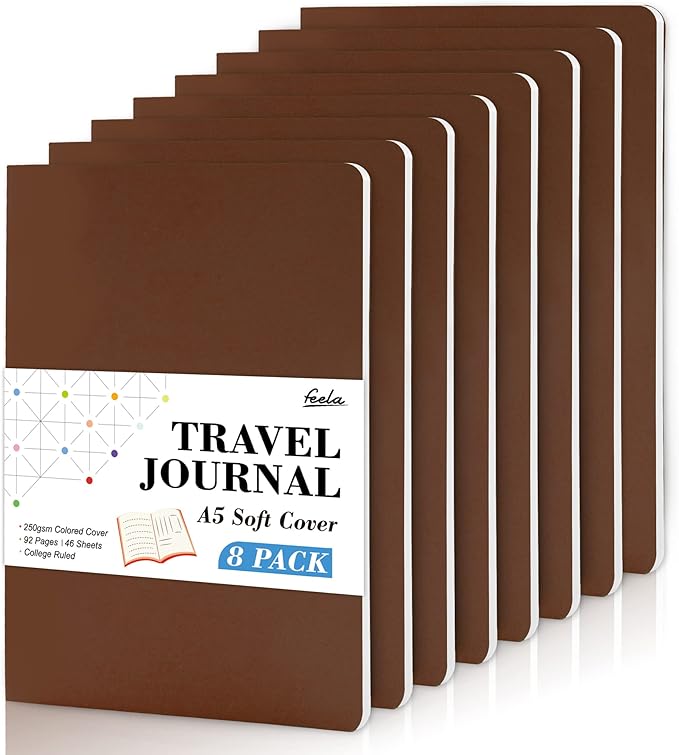 feela 8 Pack Soft Cover Journal Bulk, Notebooks College Ruled for Work, Lined Travel Journal for Women Men, Note Taking Notebook School Supplies Business Writing, 8.2” x 5.5”, A5, Brown-DeskLoop Office