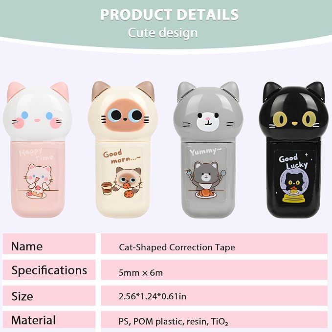 white Corrcetion Tape, with Easy to Use Kawaii Cat Applicator, Cute Stationery - Image 7