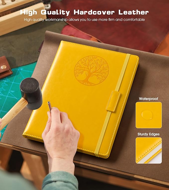 Lined Journal Notebook for Women Men,256 Pages A4 Large Hardcover Leather Journals for Writing,Travel,Business,Work,School,College Ruled Notebooks for Note Taking,Diary Notepad 8.6"×11"(Yellow)-DeskLoop Office