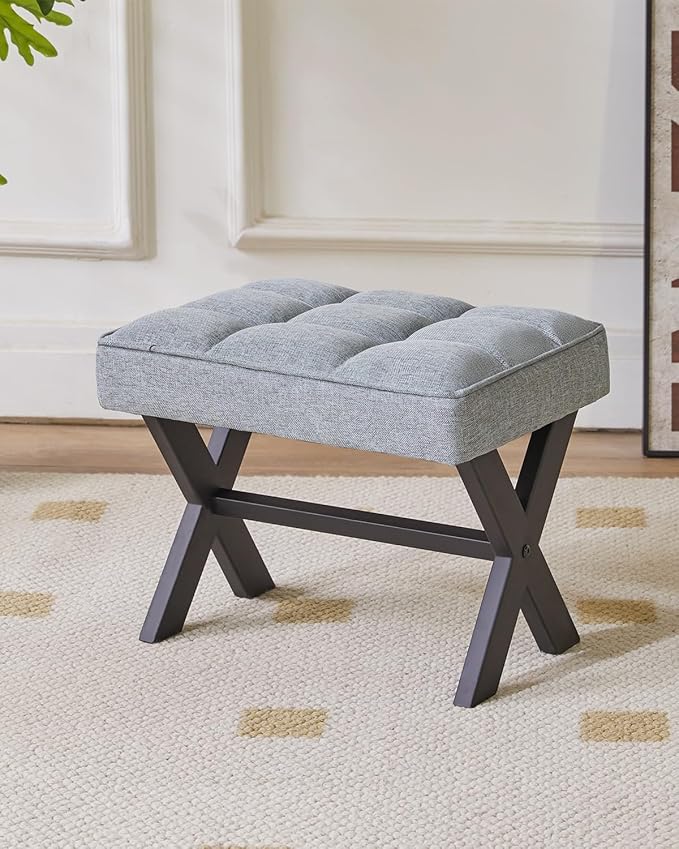 IBUYKE Small 12" H Footrest Stool, Square Linen Foot Stool with Metal X-Leg, Multi-Use as Small Side Table, Step Stool for Living Room, Bedroom, Entryway, Office, Blue Gray WBD011L-DeskLoop Office