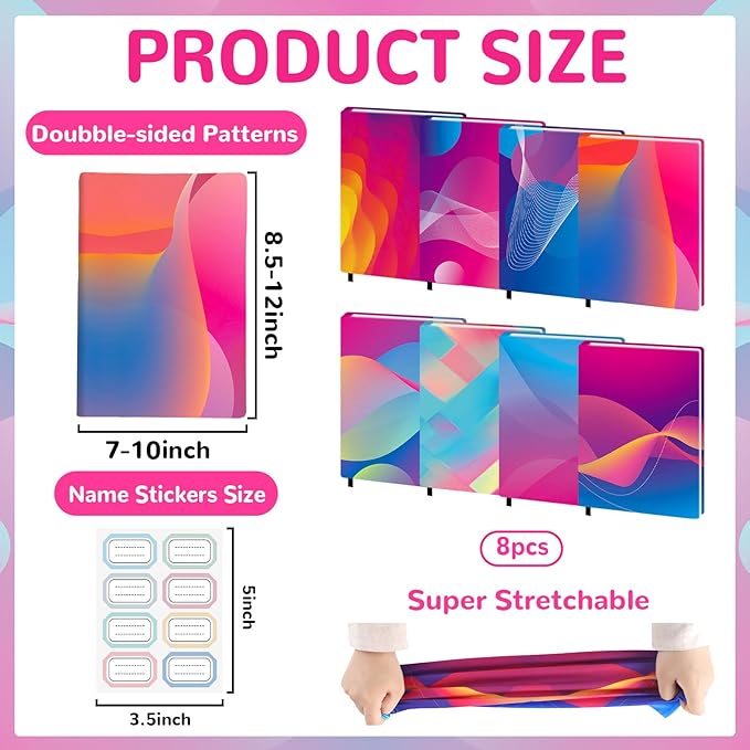Jumbo Book Covers 8 Pack Reusable Fabric Book Cover Protective Books Covers 9 x 11 Inch Neon Stretchable Books Sleeve Cover with Label Sticker for Most Hardcover Textbooks Up to 10 x 12.5 Inch-DeskLoop Office