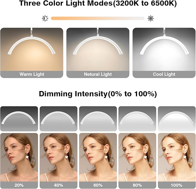 Lash Light for Eyelash Tech with Wheels, Half Moon Light for Lashes, Nails and Estheticians, LED Floor Lamp Adjustable Brightness and Color Modes (White)