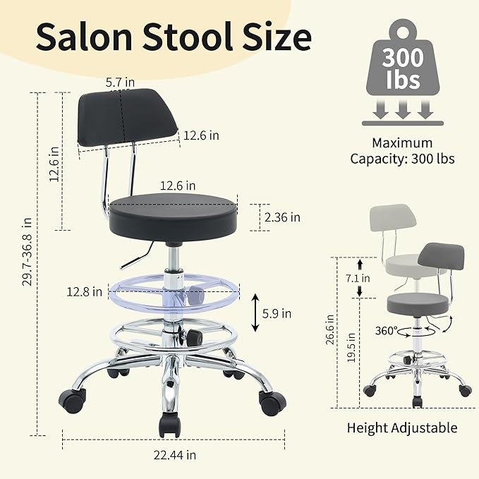 Rolling Stool with Back,Adjustable Height Foot Rest Rolling Salon Chair 19.5’’-26.6’’,Black Ergonomic Stool (Black)-DeskLoop Office