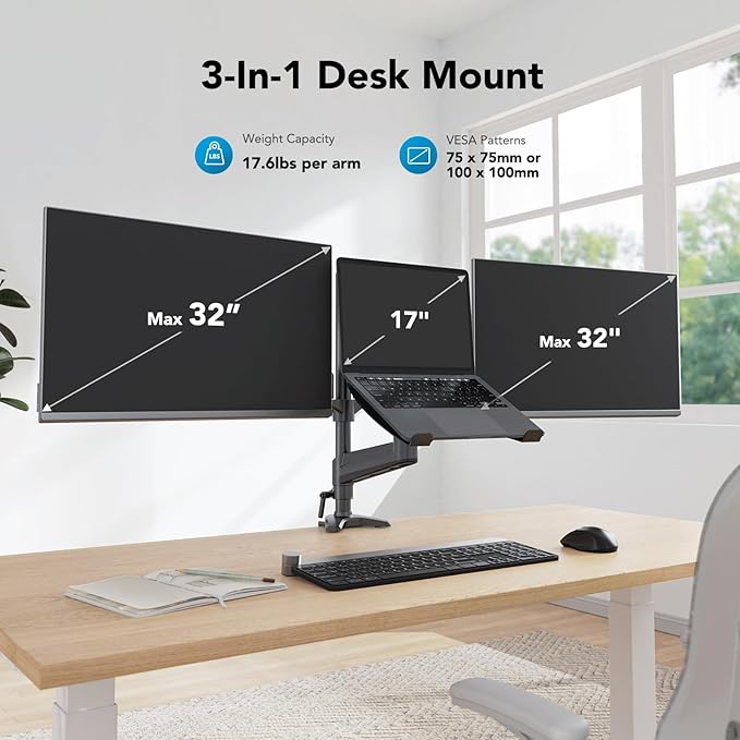 HUANUO Dual Monitor and Laptop Mount for Max 32” Monitor and 17” Laptop, Adjustable Spring Arm with Tilt, Swivel and Rotation, Dual Monitor and Notebook Stand with VESA Bracket 75/100 mm-DeskLoop Office