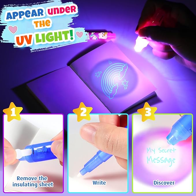 GIFTINBOX Invisible Ink Pen with UV Light for Kids, 12PCS Spy Pen Party Favors for Kids 8-12, Magic Marker for Secret Message, School Supplies Birthday Goody Bag Stuffers for Boys Girls-DeskLoop Office