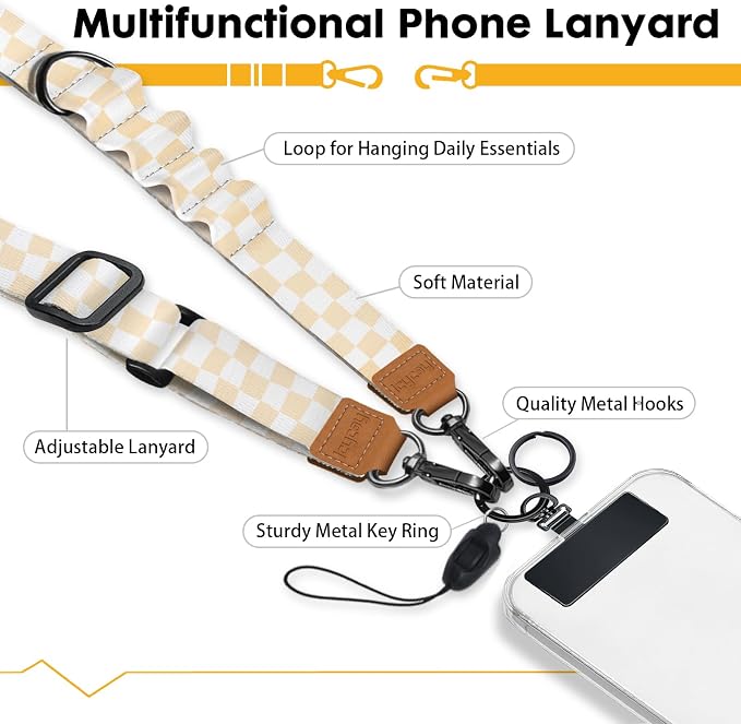 Icycay Phone Lanyard Crossbody, Apricot Checkered Cell Phone Strap - Image 3