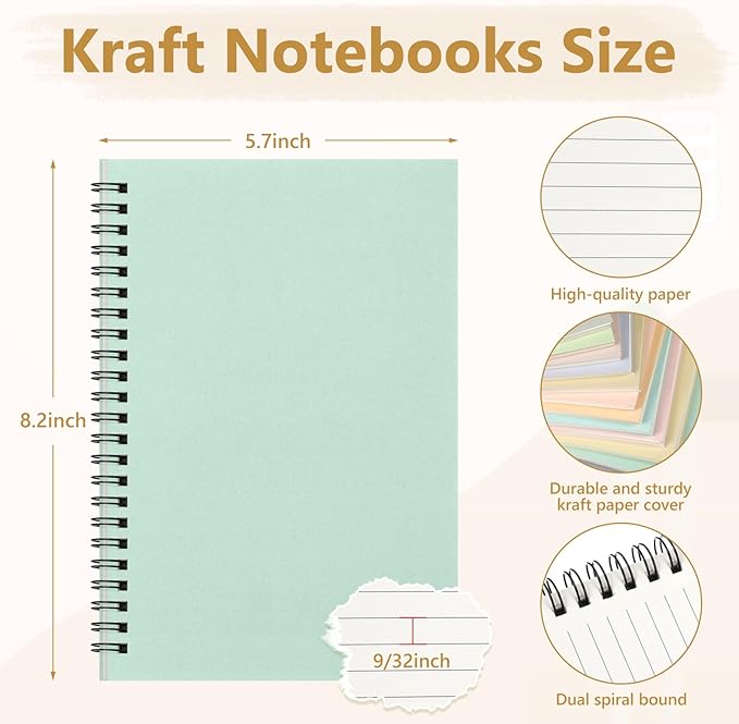 Fuutreo 12 Pcs Spiral Notebook for Work A5 8.3 x 5.7 Inch College Ruled Spiral Journal Notebook Kraft Cover Ruled Paper, 12 Color, 60 Sheets, 120 Pages for Office School(Innovative Color)-DeskLoop Office