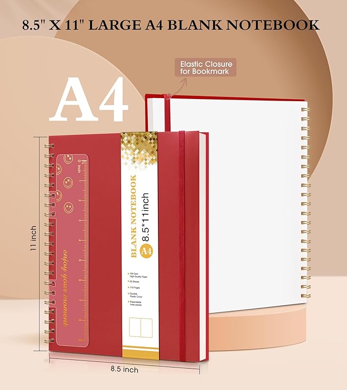 Blank Spiral Notebook Journal 8.5” x 11”, A4 Large Sketch Book for Women Men, 100 GSM Blank Paper Drawing Notebook, Plastic Hardcover Spiral Bound Sketchbook for Sketching Work School Writing, Red-DeskLoop Office