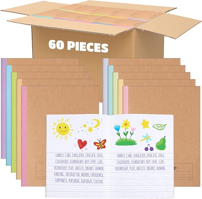 Henoyso 60 Pcs Primary Composition Notebook 9 3/4 x 7 1/2 Inch Kids Journal, Back to School Supplies, K-2 Primary Writing Notebook for Kids Student Draw and Write Story Journal (Macaron Color)-DeskLoop Office