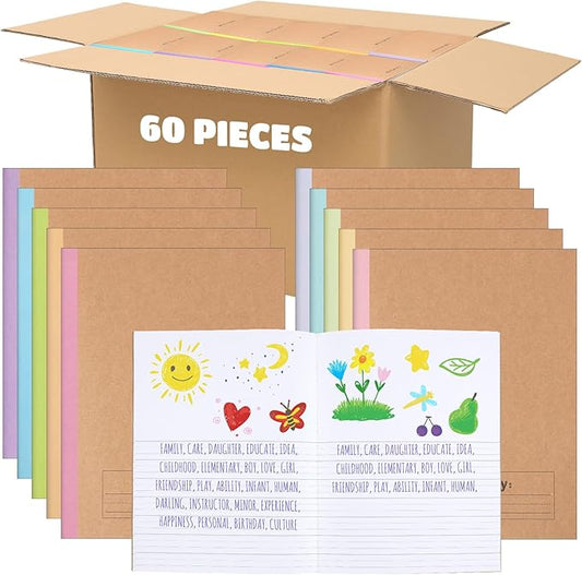 Henoyso 60 Pcs Primary Composition Notebook 9 3/4 x 7 1/2 Inch Kids Journal, Back to School Supplies, K-2 Primary Writing Notebook for Kids Student Draw and Write Story Journal (Macaron Color)-DeskLoop Office