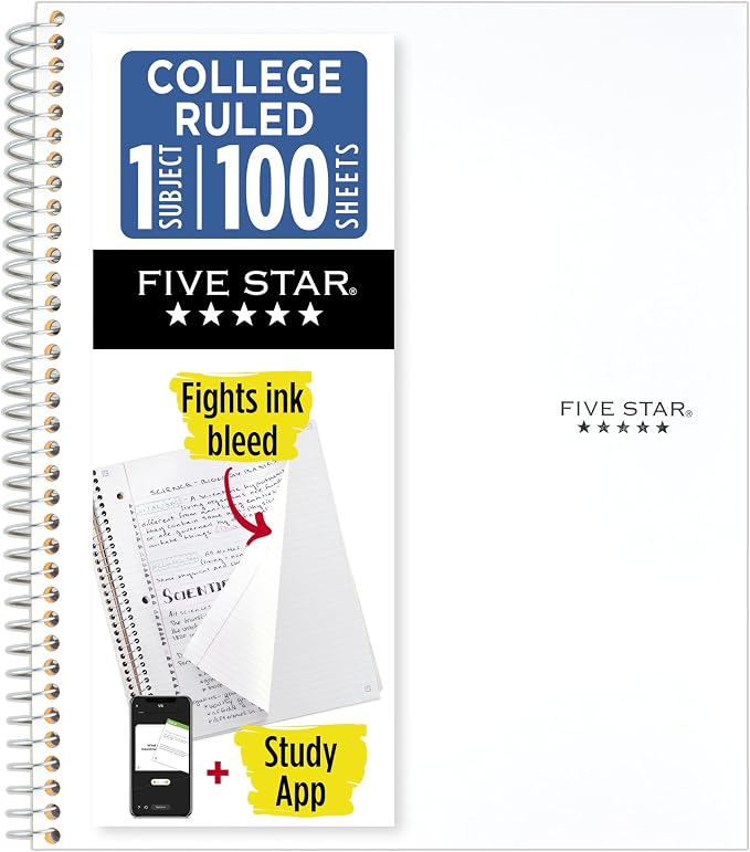 Five Star Spiral Notebook + Study App, 1 Subject, College Ruled Paper, 8-1/2" x by FiveStar