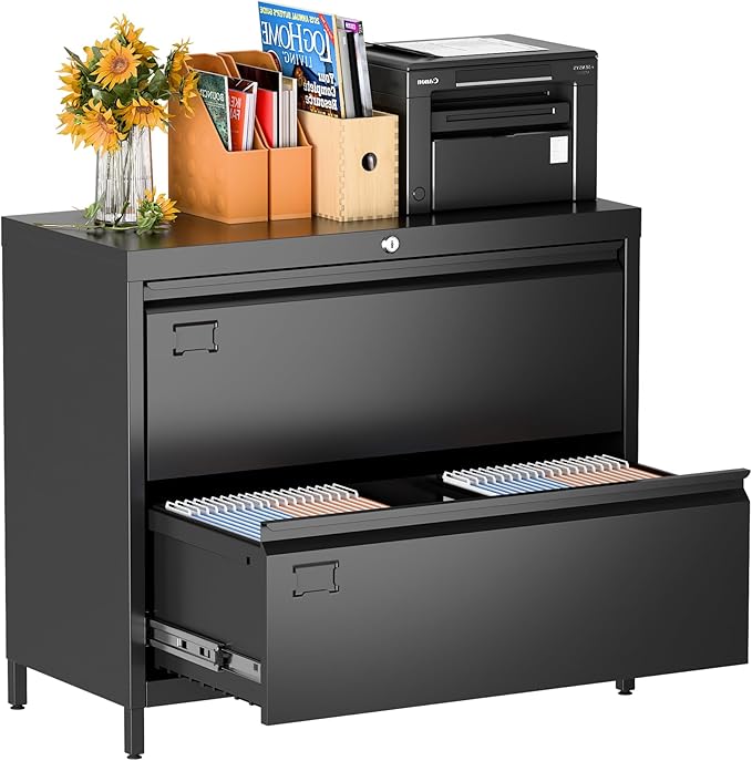 Metal 2 Drawer Lateral File Cabinet with Lock & Adjustable Feet - Wide Filing Cabinet for Letter/Legal/F4/A4 Hanging Files - Includes Business Card Holder,Home Office School Storage,Black-DeskLoop Office