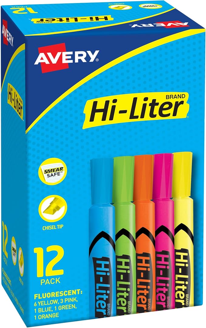 Avery Hi-Liter Desk-Style Highlighters, Smear Safe Ink, Chisel Tip is great by Avery