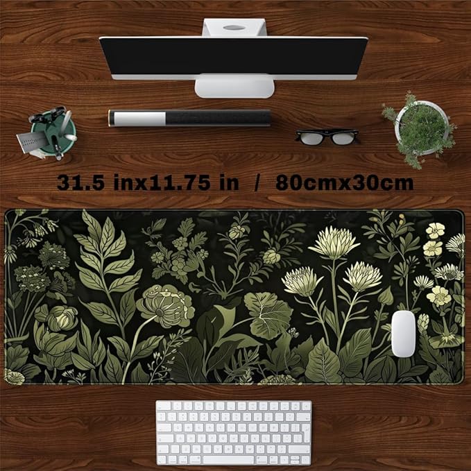Sage Green Floral Black Plant Desk Pad Retro Aesthetics Mouse Pad Large Gaming Mouse Mat for Office Computer Keyboard Laptop Home with Stitched Edges,Non-Slip Base 31.5 X 11.8 in-DeskLoop Office