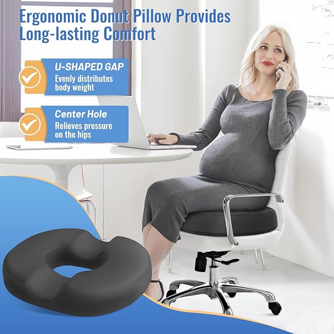 CloudBliss Donut Pillow Seat Cushion for Tailbone Pain Relief and Hemorrhoids, Memory Foam Seat Chair Cushion for Postpartum Pregnancy, Seat Cushions for Men and Women for Home & Office, (Grey-XL)-DeskLoop Office