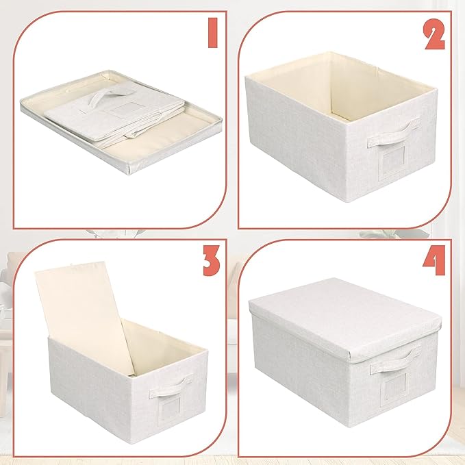 Large 17''x12'' Quart Collapsible Stackable Storage Bins with Lids, 4 Packs Off White Fabric Closet Boxes with Lids, Storage Cube Baskets Container Organizers for Bedroom Office(17''x12.2x''8'')-DeskLoop Office