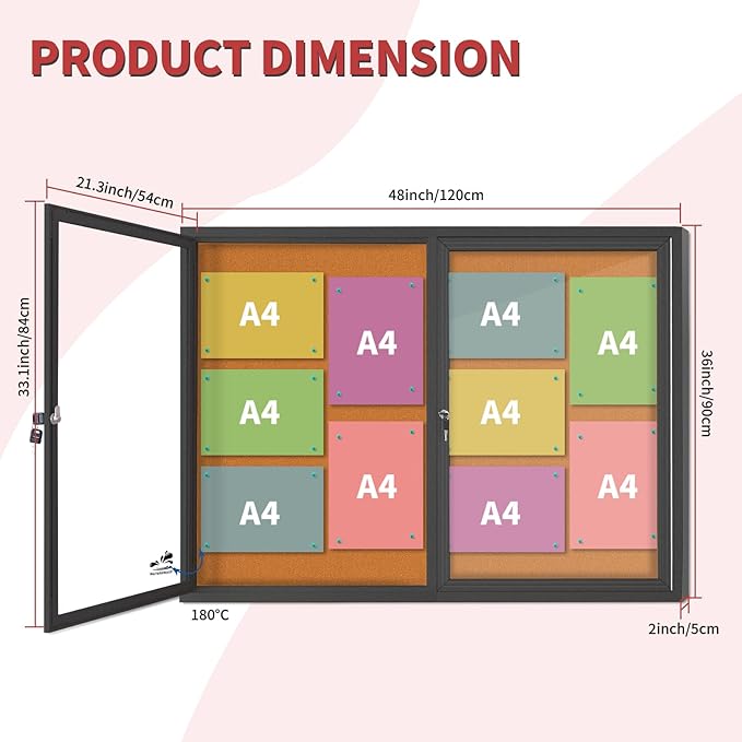 Lockable Outdoor Enclosed Bulletin Board,Weatherproof Cork Noticeboard with Locking Door, Wall-Mounted Aluminum Frame Display Case for Office, Home, School (Black Frame | Cork Surface, 44x32 inch)-DeskLoop Office