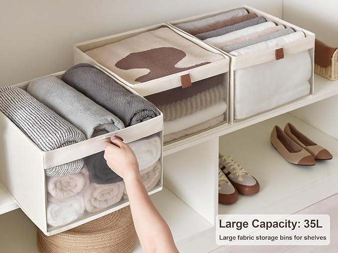 StorageWorks Closet Storage Bins, Large Storage Baskets with Clear Window and Handles, Foldable Fabric Organizer for Clothes, Shelves, Beige, 3 Pack-DeskLoop Office