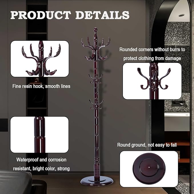 Coat Racks FreeStanding with 14 Hooks, Natural Wood Coat Rack with Solid Round Base, Adjustable Height Coat Racks, Easy Assembly for Hallway, Bedroom and Office (Solid Wood Fenghuang Gou)-DeskLoop Office