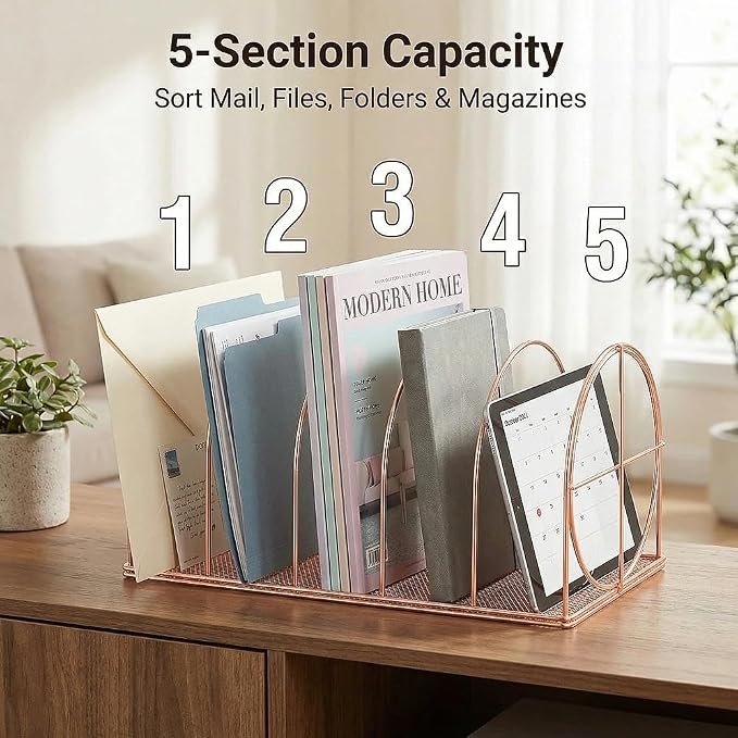 File Sorter Organizer, 5 Section Magazine Holder Rack, Desktop Round Wire Book - Image 8