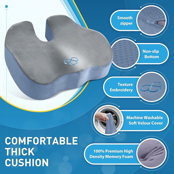 BlissTrends Seat Cushion,Thick Memory Foam Cushions for Office Chair, Car Seat, Airplane, Relieving Pressure Tailbone Sciatica Back Pain for Office Workers, Car Drivers 4.7in Thick Dark Grey&Blue-DeskLoop Office