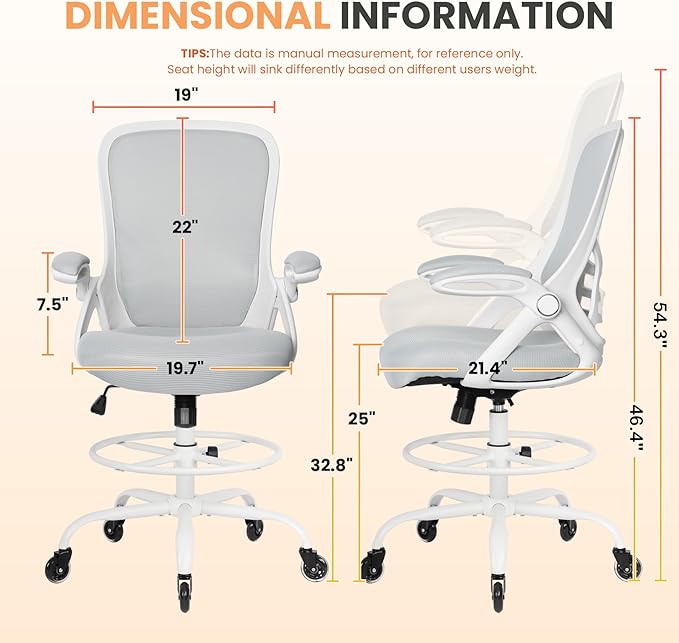 HYLONE Drafting Chair Tall Office, Ergonomic Standing Desk Stool Adjustable Drafting Chair Big Tall Drafting Office Chair White-DeskLoop Office